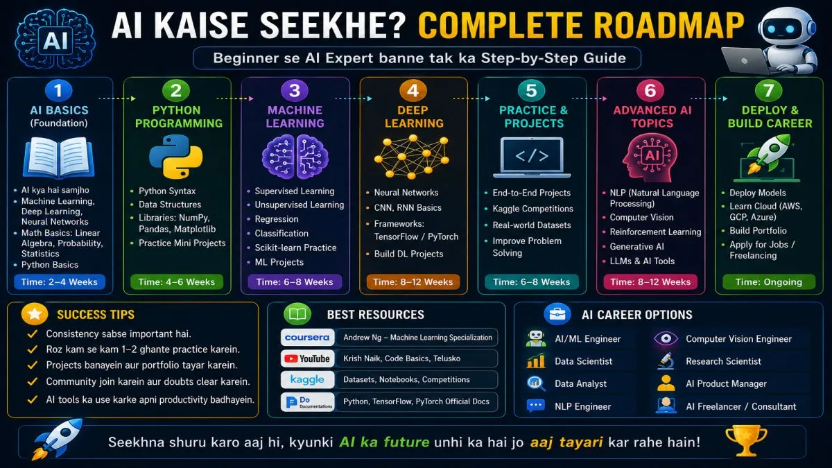AI Kaise Seekhe? Complete AI Learning Roadmap for Beginners | UseAILearn AI Kaise Shikhe? (How to Learn AI). AI Kaise Seekhe roadmap infographic showing a step-by-step learning path from AI basics and Python programming to machine learning, deep learning, projects and AI career opportunities. | UseAILearn