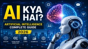 AI Kya Hai? Featured image showing a futuristic humanoid robot, digital brain, artificial intelligence technology icons, and AI guide 2026 concept. | UseAILearn