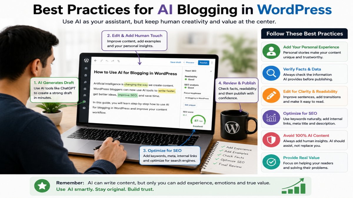 Best practices for AI Blogging in WordPress including editing AI content, adding personal experience, and optimizing for SEO | UseAiLearn