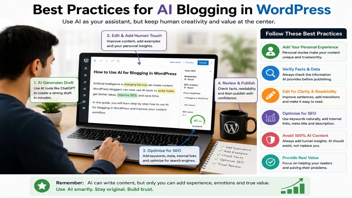 Best practices for AI Blogging in WordPress including editing AI content, adding personal experience, and optimizing for SEO | UseAiLearn