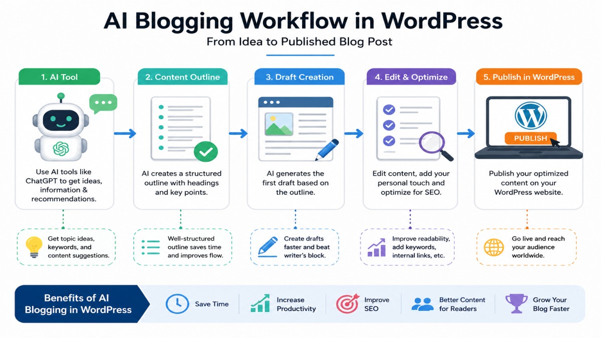 AI Blogging in WordPress workflow from content idea to publishing a blog post | UseAiLearn