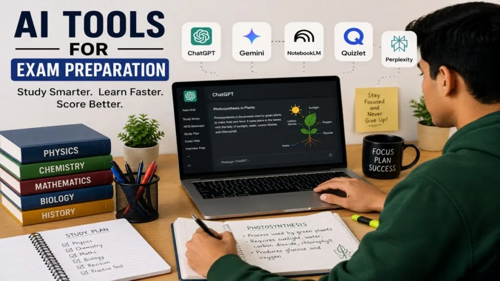 A student using AI tools like ChatGPT, Gemini, NotebookLM, Quizlet, and Perplexity AI for exam preparation, revision, and smarter studying. | UseAiLearn