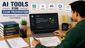 A student using AI tools like ChatGPT, Gemini, NotebookLM, Quizlet, and Perplexity AI for exam preparation, revision, and smarter studying. | UseAiLearn