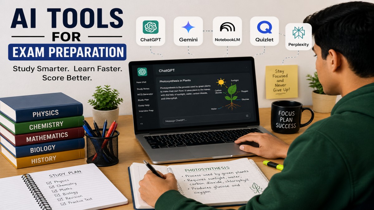 A student using AI tools like ChatGPT, Gemini, NotebookLM, Quizlet, and Perplexity AI for exam preparation, revision, and smarter studying. | UseAiLearn