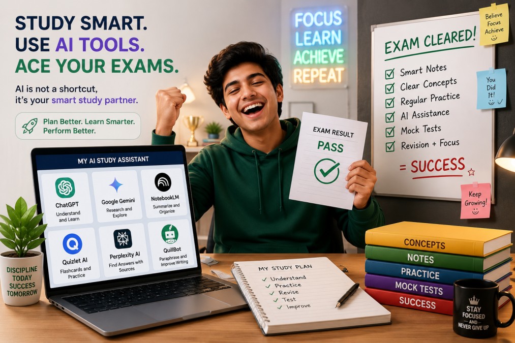 A happy student celebrating exam success while using AI tools like ChatGPT, Google Gemini, NotebookLM, Quizlet AI, and Perplexity AI for smarter exam preparation. | UseAiLearn