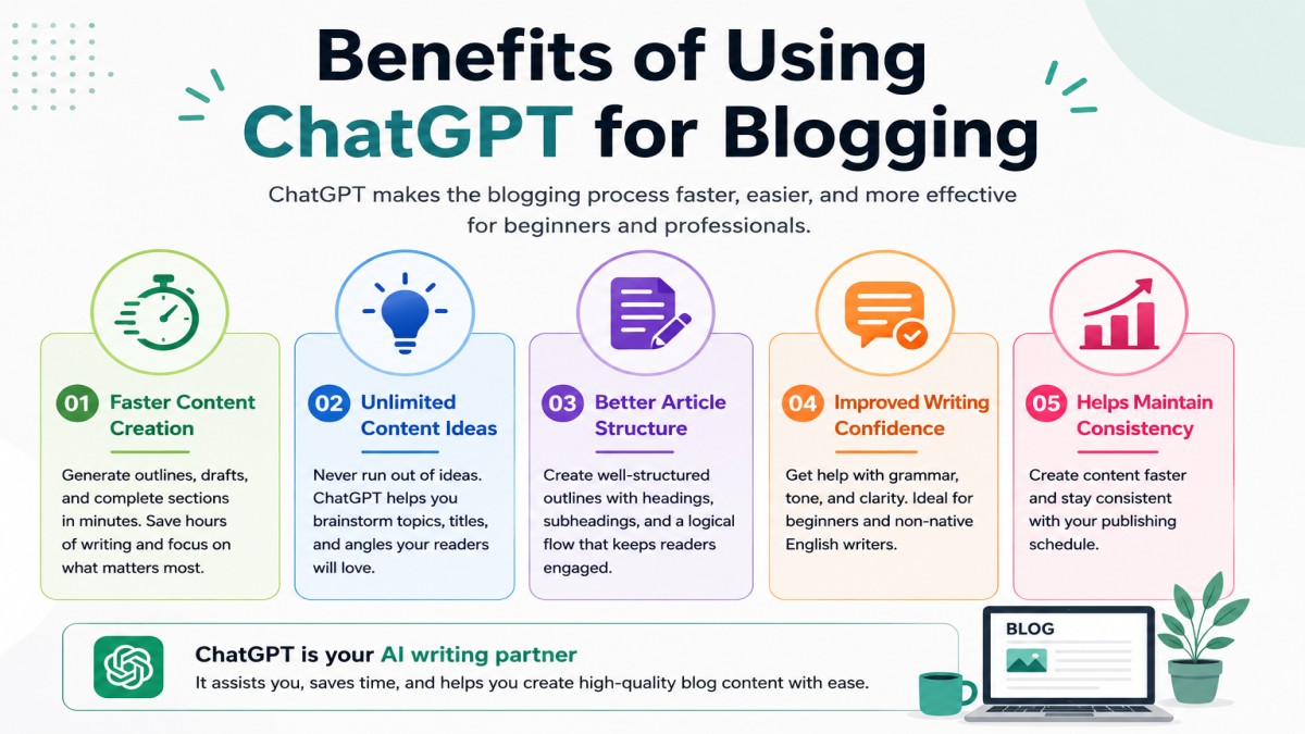 Benefits of using ChatGPT for blogging including faster content creation, content ideas, and improved productivity | UseAiLearn