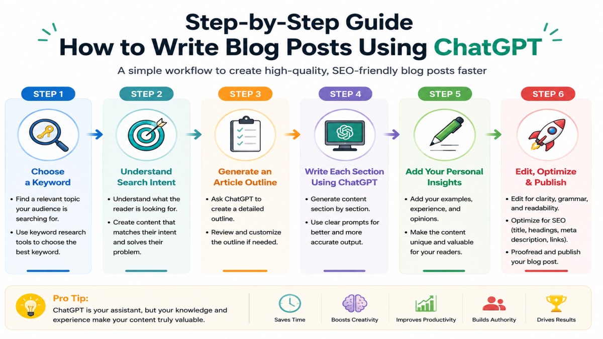 Step-by-step workflow showing how to write blog posts using ChatGPT from keyword research to publishing | UseAiLearn