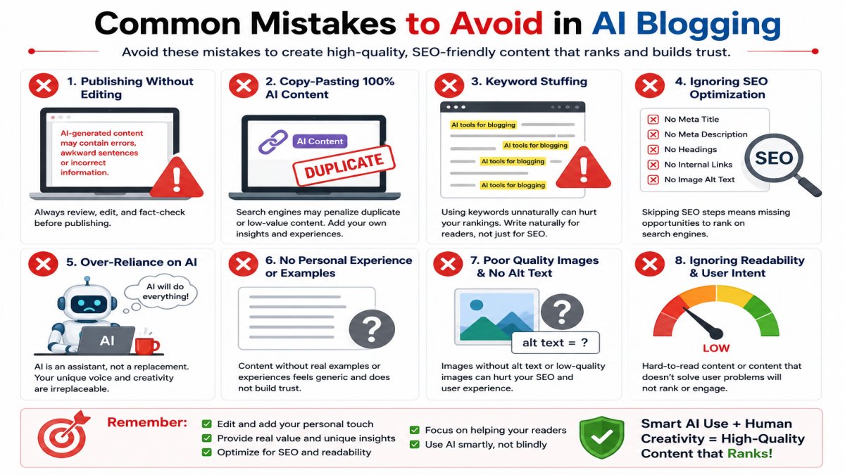 Common AI blogging mistakes in WordPress such as keyword stuffing, publishing without editing, and ignoring SEO | UseAiLearn