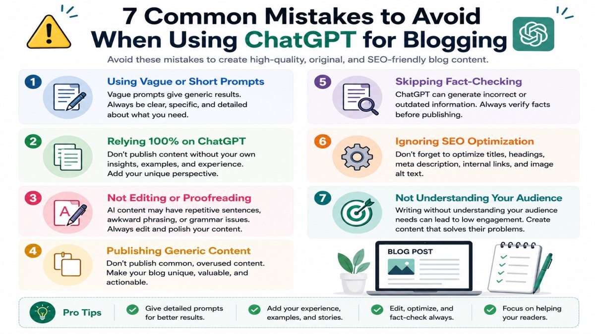 Common mistakes to avoid when using ChatGPT for blog writing including keyword stuffing, no editing, and publishing AI content directly | UseAiLearn
