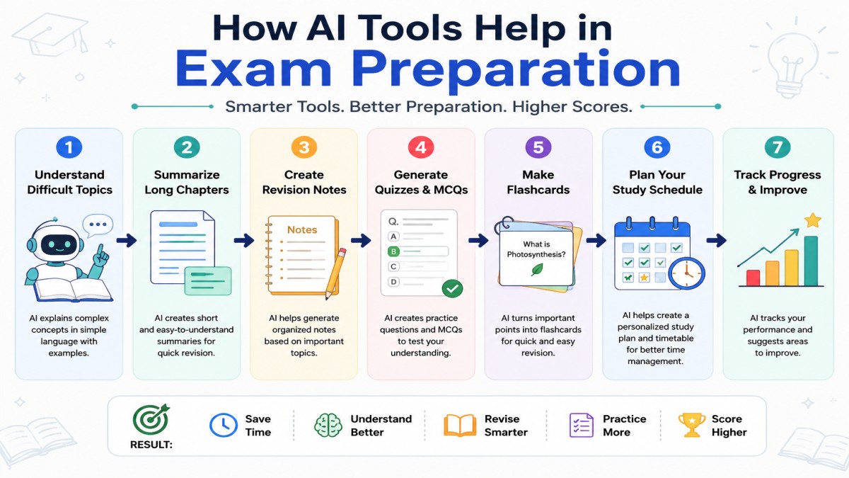 Infographic showing how AI tools help students understand difficult topics, summarize chapters, create revision notes, generate quizzes, make flashcards, plan study schedules, and improve exam preparation. UseAiLearn
