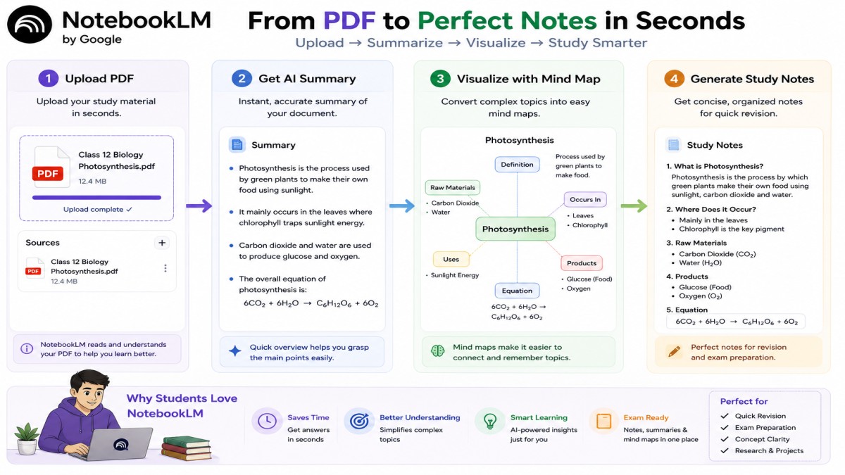 Infographic showing how NotebookLM helps students upload study PDFs, generate AI summaries, create mind maps, and organize smart revision notes for exam preparation.