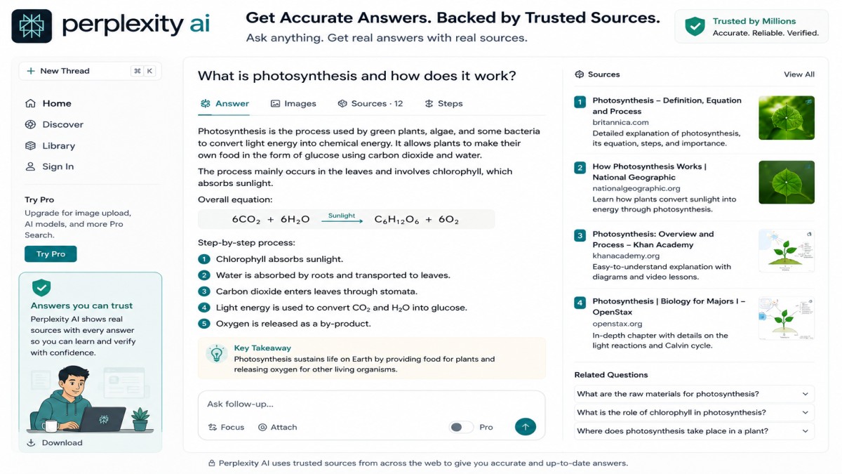A student using Perplexity AI to research exam topics, verify AI-generated answers, and learn from trusted sources for accurate exam preparation. | UseAiLearn