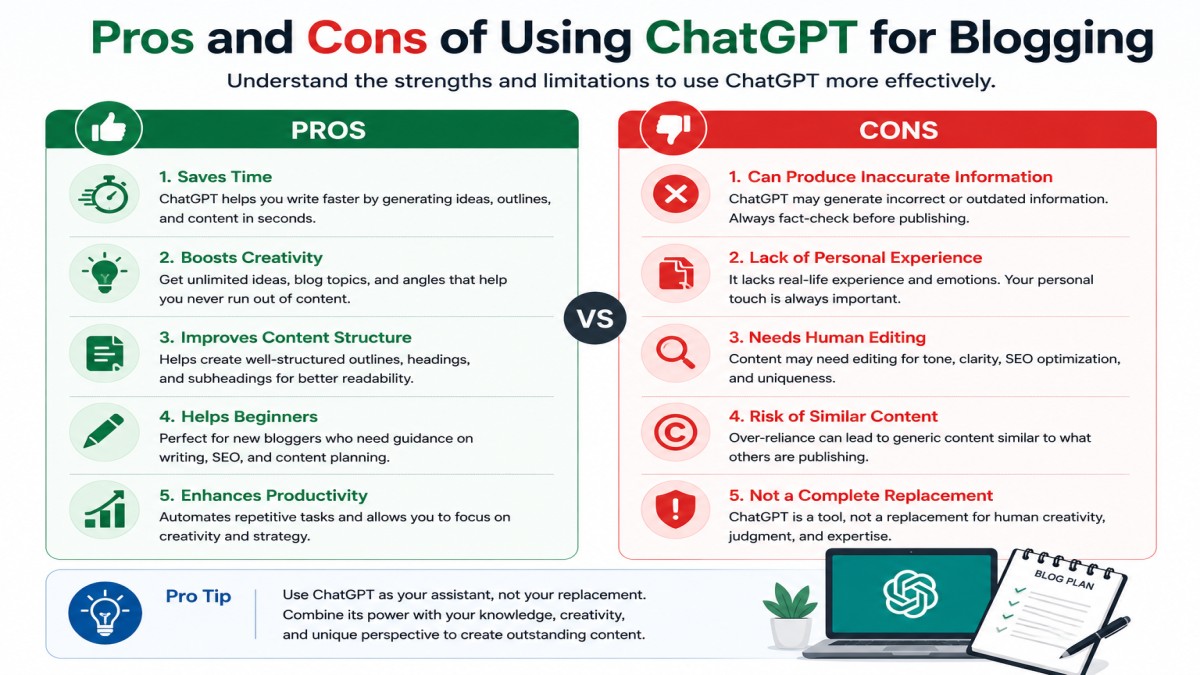 Pros and cons of using ChatGPT for blogging including benefits, limitations, and best practices for content creators | UseAiLearn