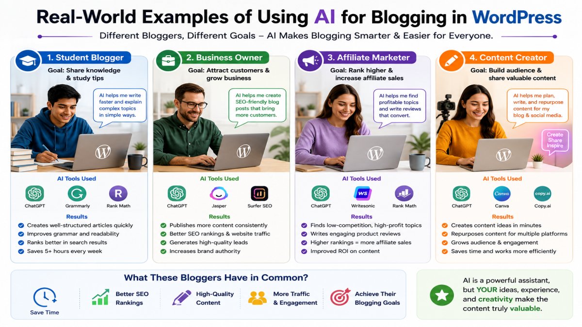 Real-world examples of using AI for blogging in WordPress by students, business owners, affiliate marketers, and content creators | UseAiLearn