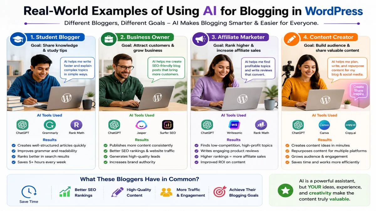 Real-world examples of using AI for blogging in WordPress by students, business owners, affiliate marketers, and content creators | UseAiLearn