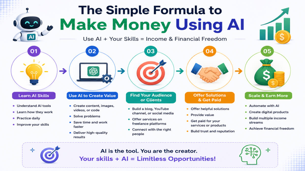 Infographic showing the simple formula to make money using AI by learning AI skills, creating value, finding clients or an audience, offering solutions, and earning income online. UseAiLearn