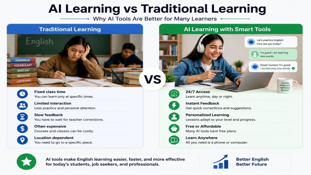 Comparison of traditional English learning and AI-powered English learning with instant feedback and flexible study | UseAiLearn