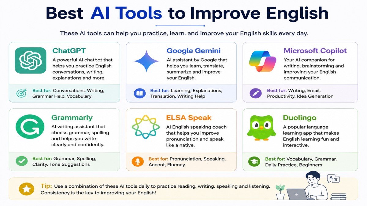 Best AI tools for learning English including ChatGPT, Google Gemini, Microsoft Copilot, Grammarly, ELSA Speak, and Duolingo | UseAiLearn