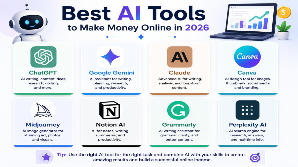 Infographic showing the best AI tools to make money online in 2026, including ChatGPT, Google Gemini, Claude, Canva, Midjourney, Notion AI, Grammarly, and Perplexity AI. UseAiLearn