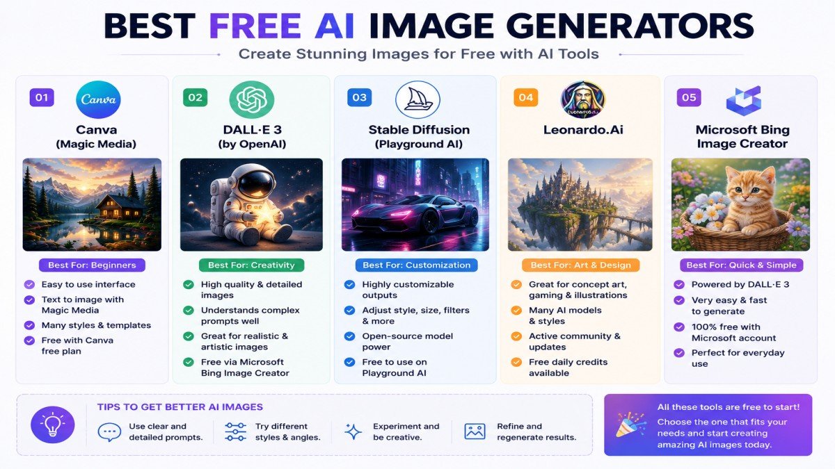 Comparison of the best free AI image generators including ChatGPT, Canva, Adobe Firefly, Leonardo AI, and Microsoft Designer for beginners | UseAiLearn