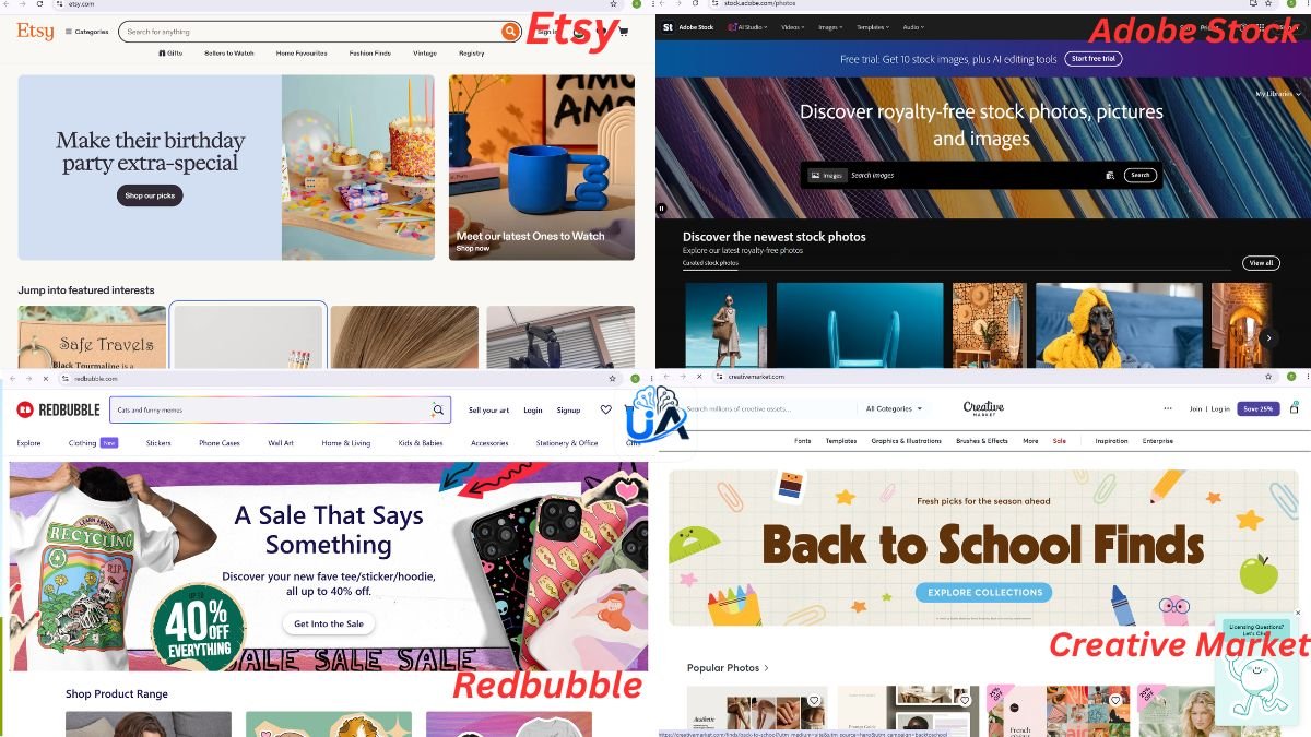 Popular websites to sell AI generated images including Etsy, Adobe Stock, Redbubble and Creative Market | | UseAiLearn