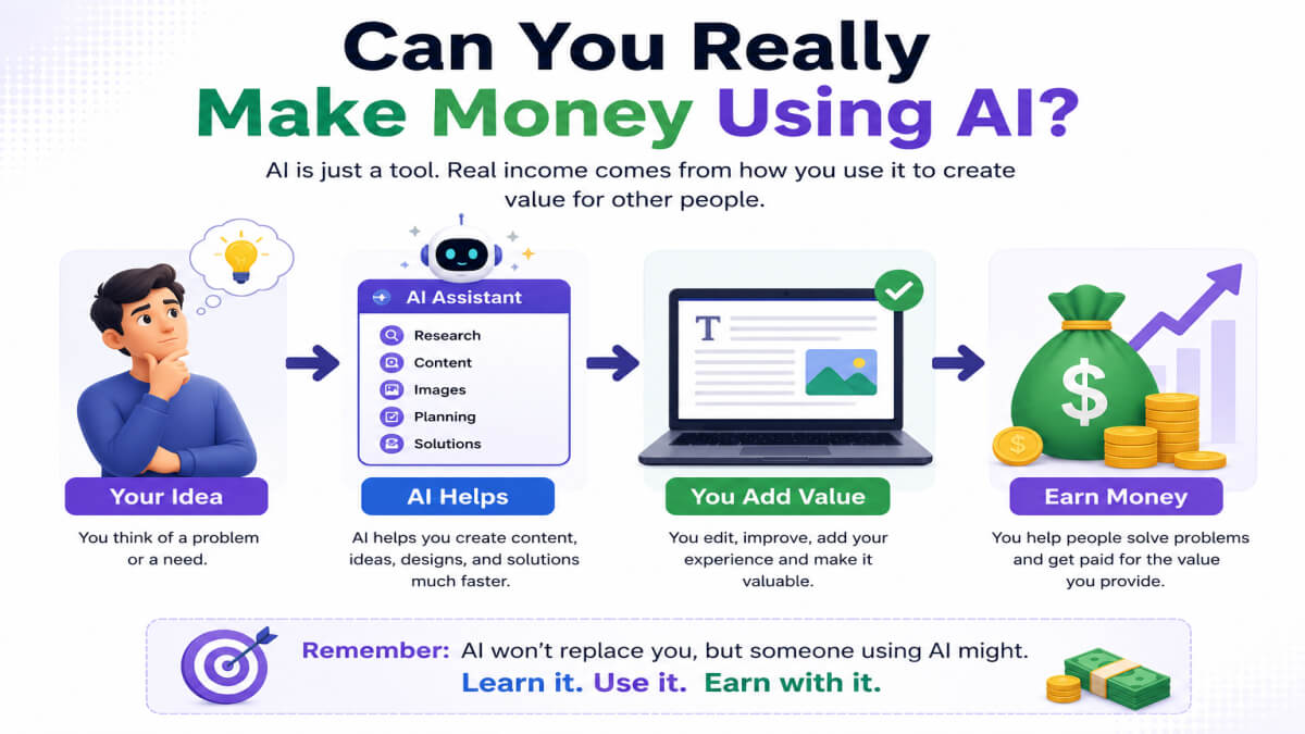 Infographic explaining how people can make money using AI by combining AI tools with human skills, creating valuable content, and offering services online. UseAiLearn