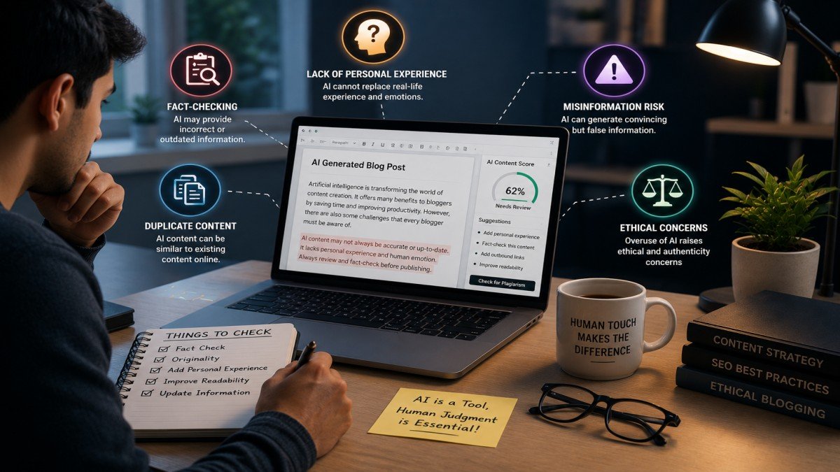 Challenges of AI blogging including fact-checking, duplicate content, ethical concerns, and the need for human editing | UseAiLearn