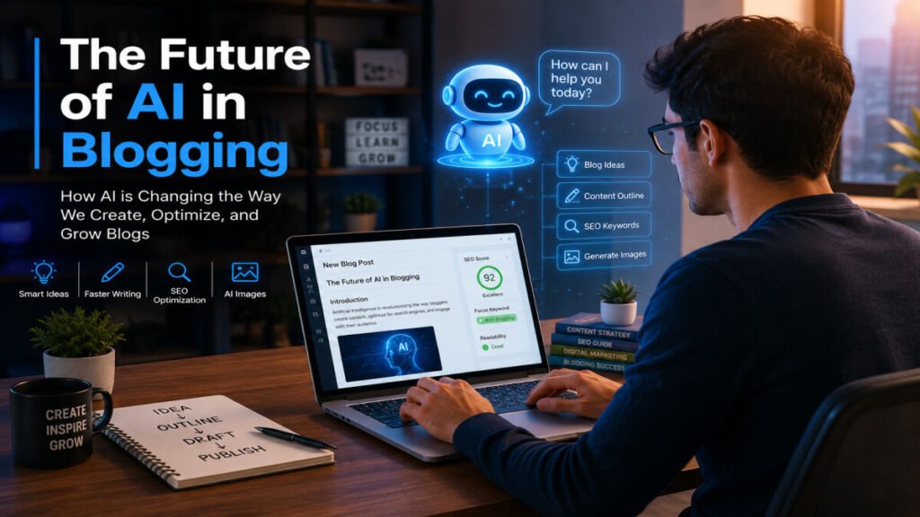 The Future of AI in Blogging showing a blogger using AI tools for writing, SEO, and content creation | UseAiLearn
