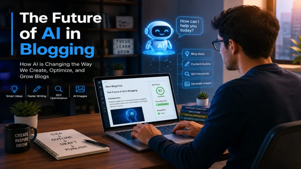 The Future of AI in Blogging showing a blogger using AI tools for writing, SEO, and content creation | UseAiLearn