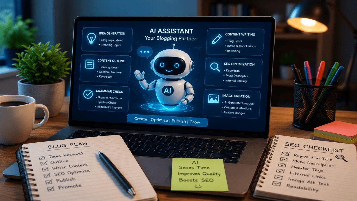 Modern blogger using AI to create content faster with research, writing, SEO optimization, and productivity tools | UseAiLearn