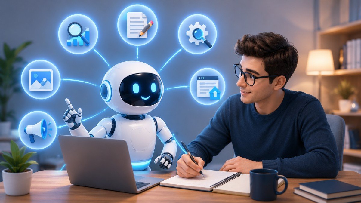 AI helping a blogger with content research, writing, grammar checking, SEO optimization, and image creation | UseAiLearn