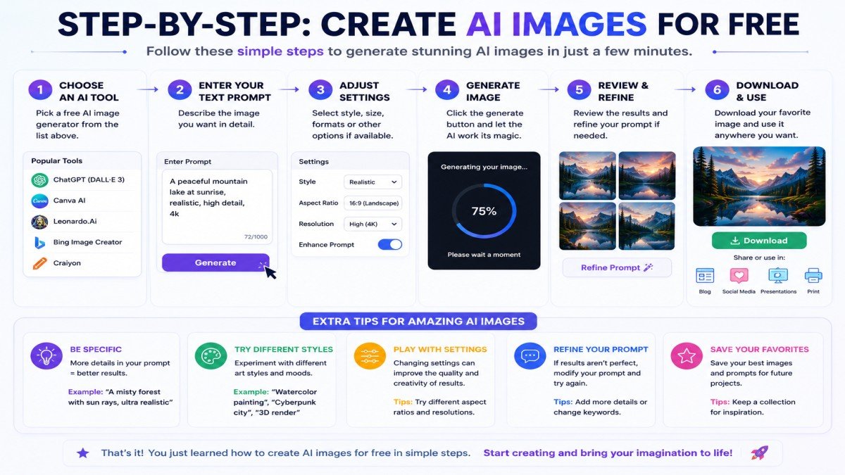 Step-by-step guide showing how to create AI images for free using an AI image generator from writing a prompt to downloading the final image | UseAiLearn