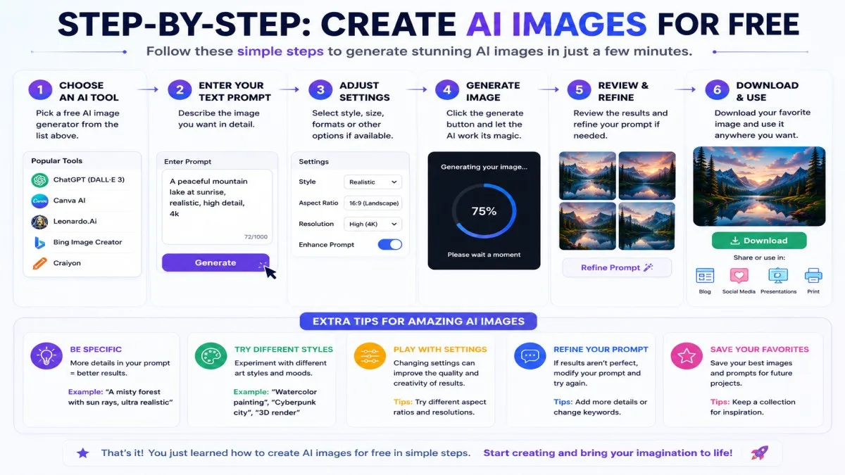 Step-by-step guide showing how to create AI images for free using an AI image generator from writing a prompt to downloading the final image | UseAiLearn