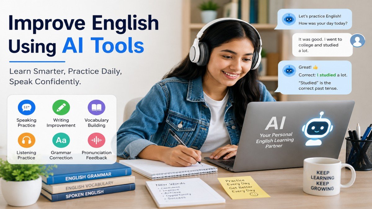 Student learning English using AI tools on a laptop with AI chatbot conversation | Learn improve English Using AI Tools