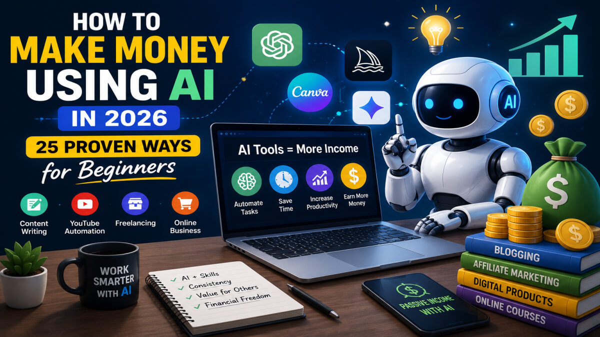 Illustration showing how to make money using AI with ChatGPT, AI tools, blogging, freelancing, YouTube, and online business in 2026. UseAiLearn