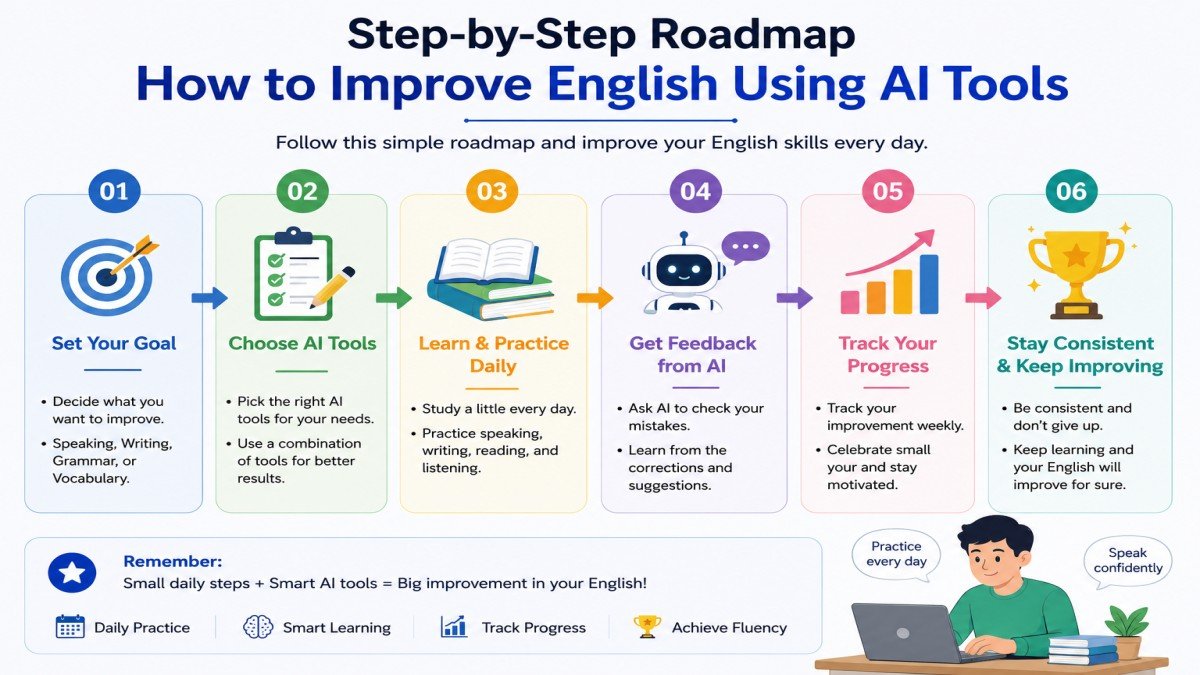 Step-by-step roadmap showing how to improve English using AI tools with daily practice, grammar, vocabulary, speaking, and progress tracking | UseAiLearn
