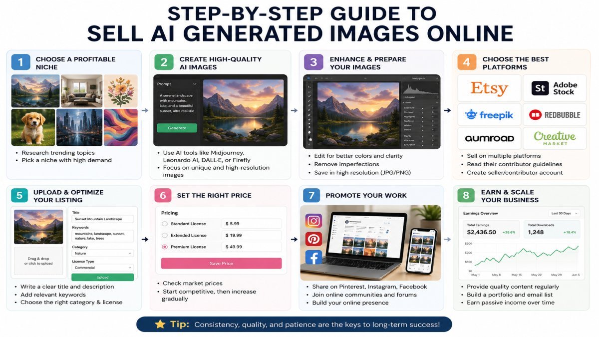 Step-by-step process to sell AI generated images online from creating AI art to earning money | UseAiLearn
