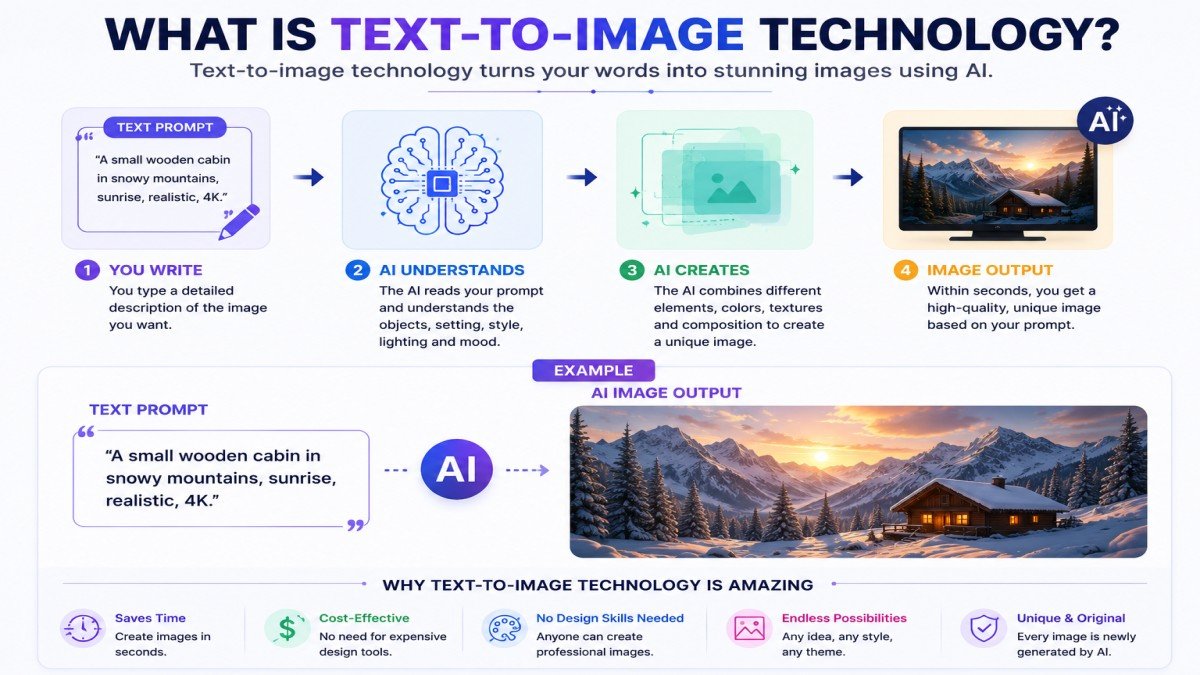 Text-to-image technology infographic showing how AI converts a text prompt into a high-quality AI-generated image step by step | UseAiLearn