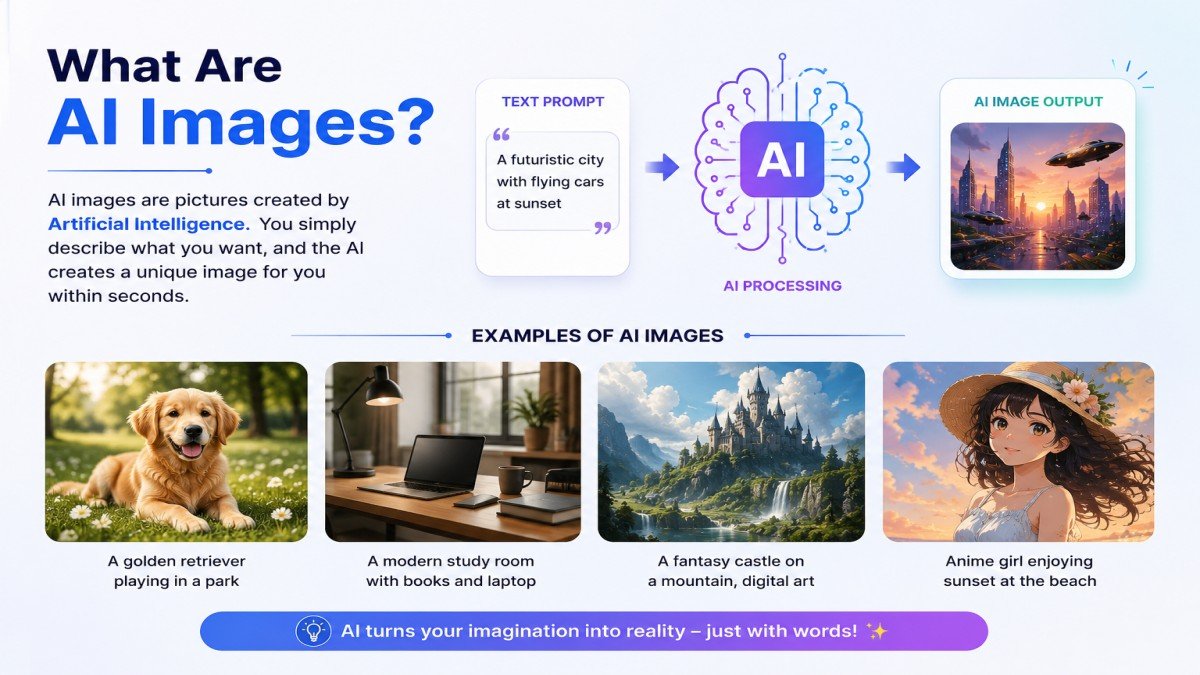 Illustration explaining what AI images are and how artificial intelligence converts text prompts into high-quality digital images | UseAiLearn