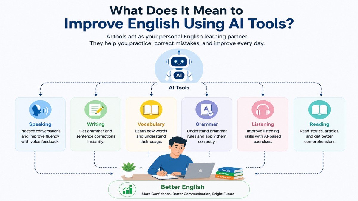 Infographic showing how AI tools help improve English through speaking, writing, grammar, vocabulary, listening, and reading | UseAiLearn