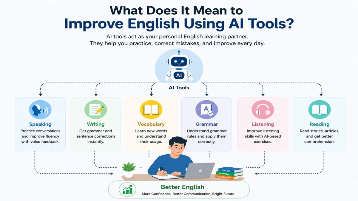 Infographic showing how AI tools help improve English through speaking, writing, grammar, vocabulary, listening, and reading | UseAiLearn