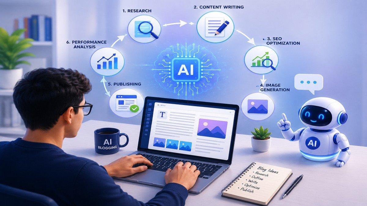 AI blogging workflow showing a blogger using AI for research, content writing, SEO optimization, image generation, publishing, and performance analysis | UseAiLearn