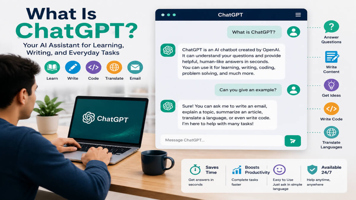 Illustration of a person chatting with ChatGPT, an AI chatbot that answers questions and helps with writing, learning, coding, and everyday tasks.