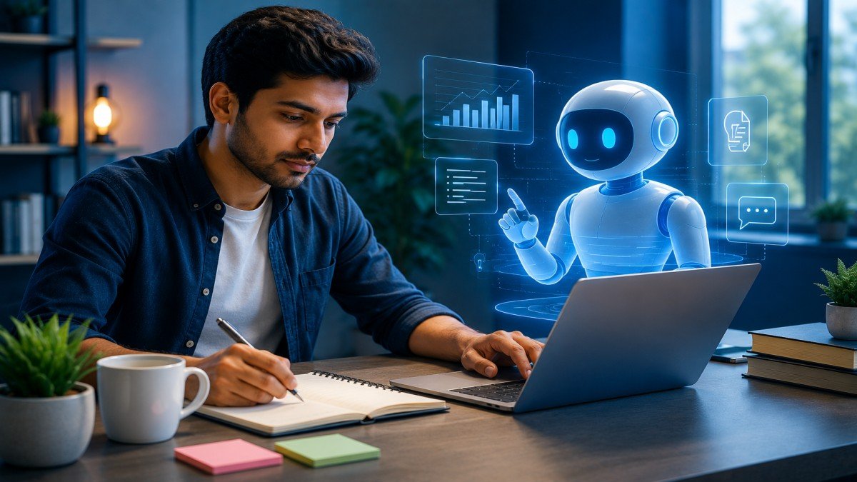 Human blogger working with an AI assistant to create high-quality blog content through collaboration | UseAiLean