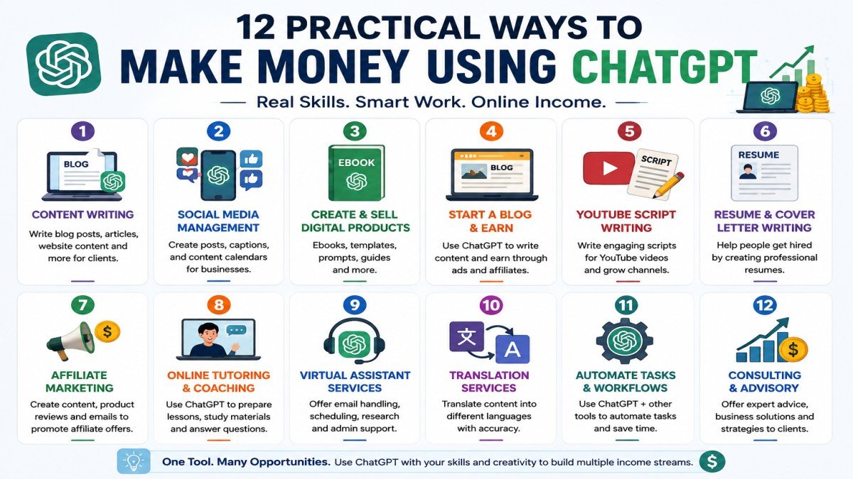 12 practical ways to make money using ChatGPT including writing social media blogging digital products and consulting | UseAiLearn