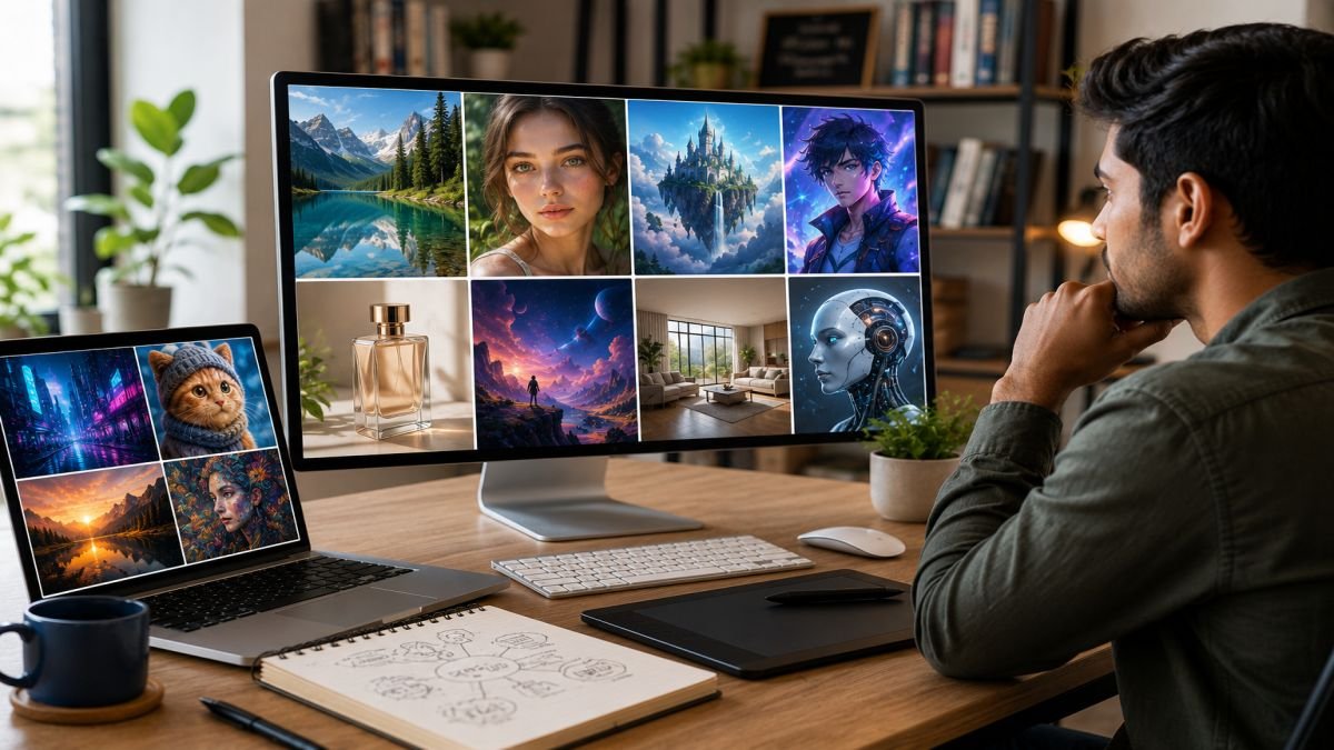 Modern home office workspace with AI image generation displayed on a laptop, showing a creative professional using an AI image generator tool. | UseAiLearn