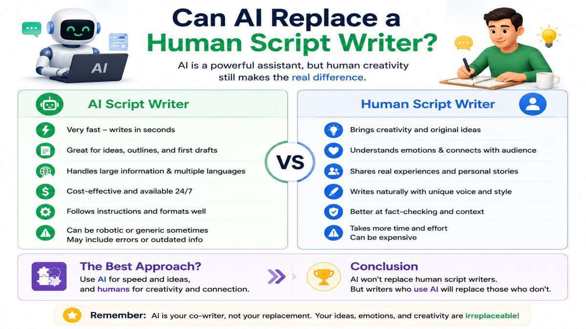 AI vs human script writer comparison showing the strengths of AI tools and human creativity for YouTube script writing | UseAiLearn