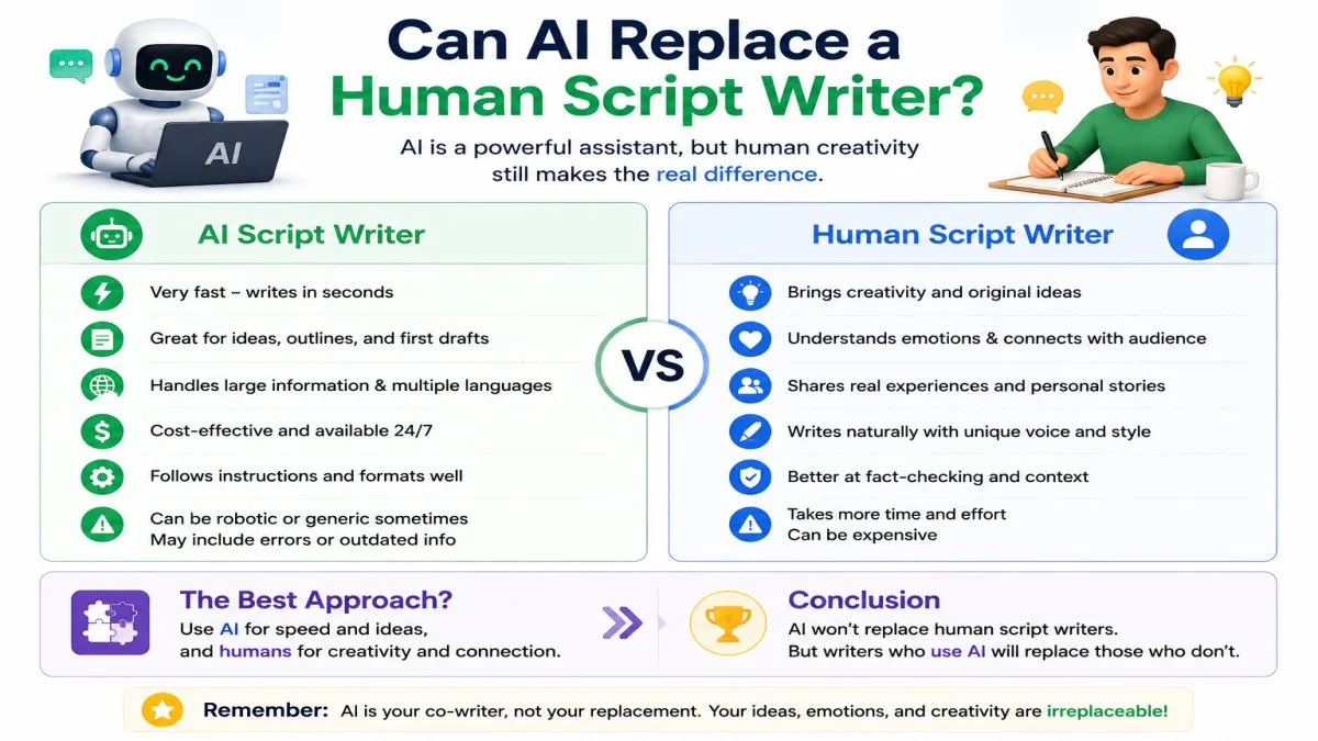 AI vs human script writer comparison showing the strengths of AI tools and human creativity for YouTube script writing | UseAiLearn