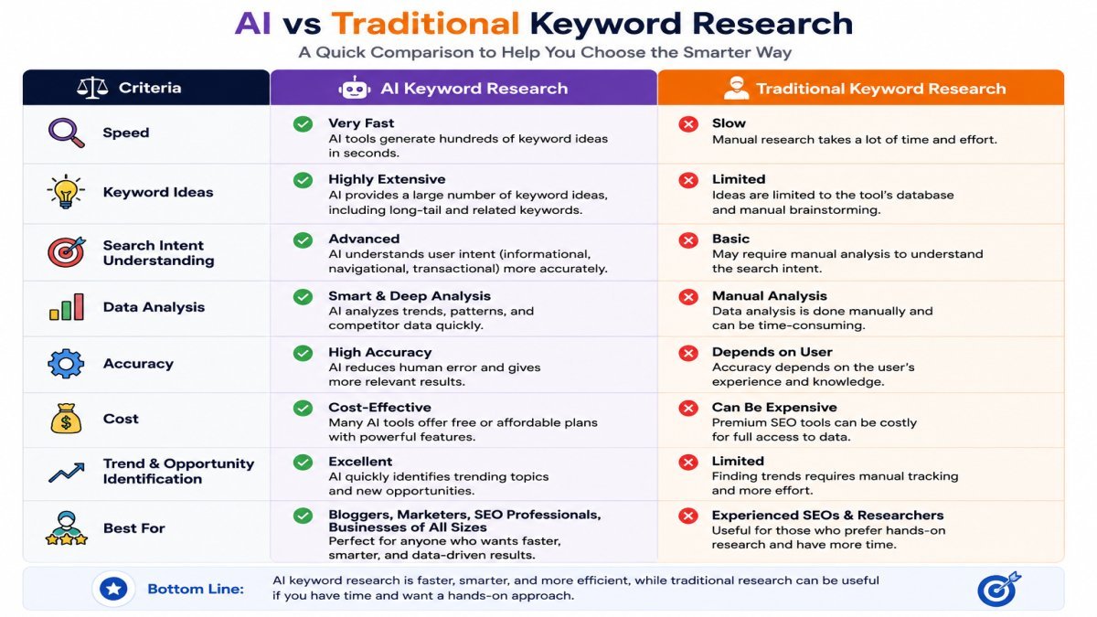 AI vs Traditional Keyword Research comparison chart showing differences in speed, keyword ideas, search intent, SEO data, cost, accuracy, and best use cases for beginners. | UseAiLearn
