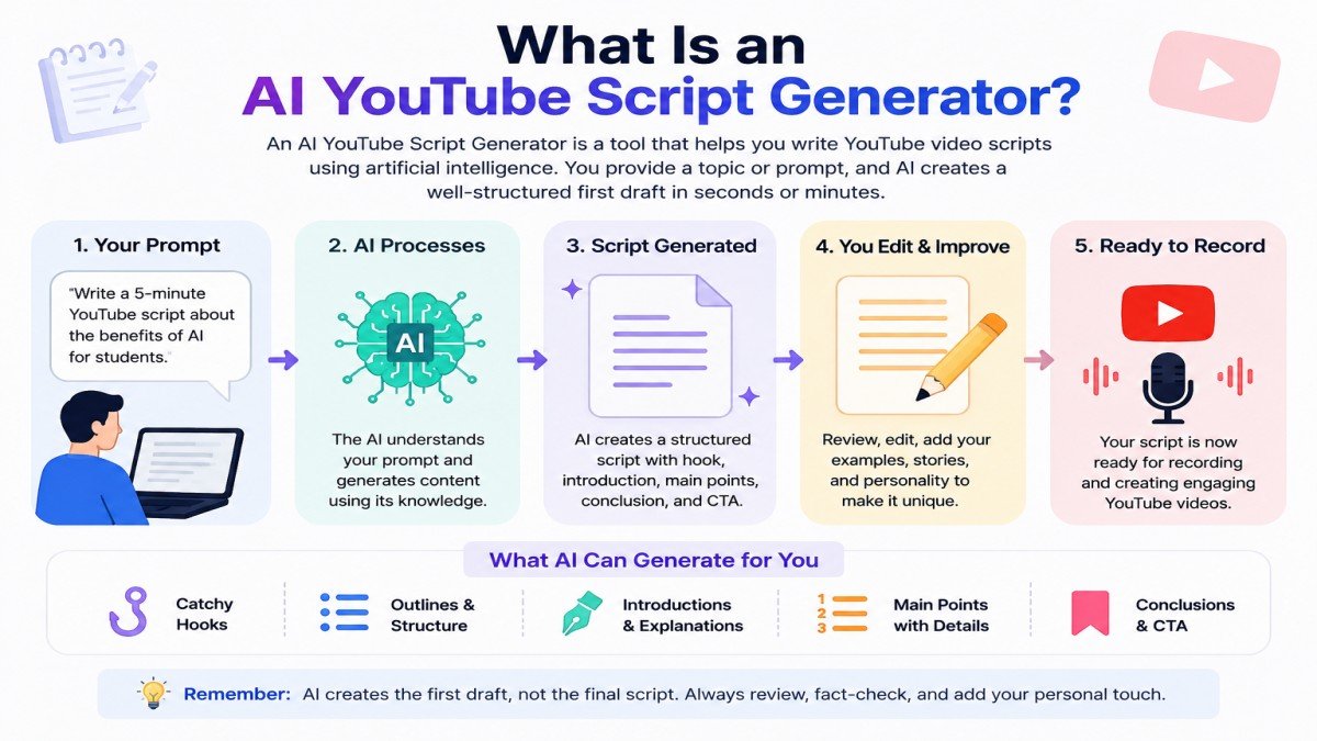 AI YouTube script generator workflow showing how a prompt becomes a complete YouTube video script using AI tools | UseAiLearn